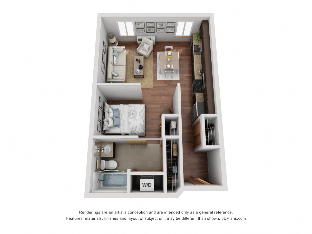 Floor plan for studio, 1 bath, 490 sqft